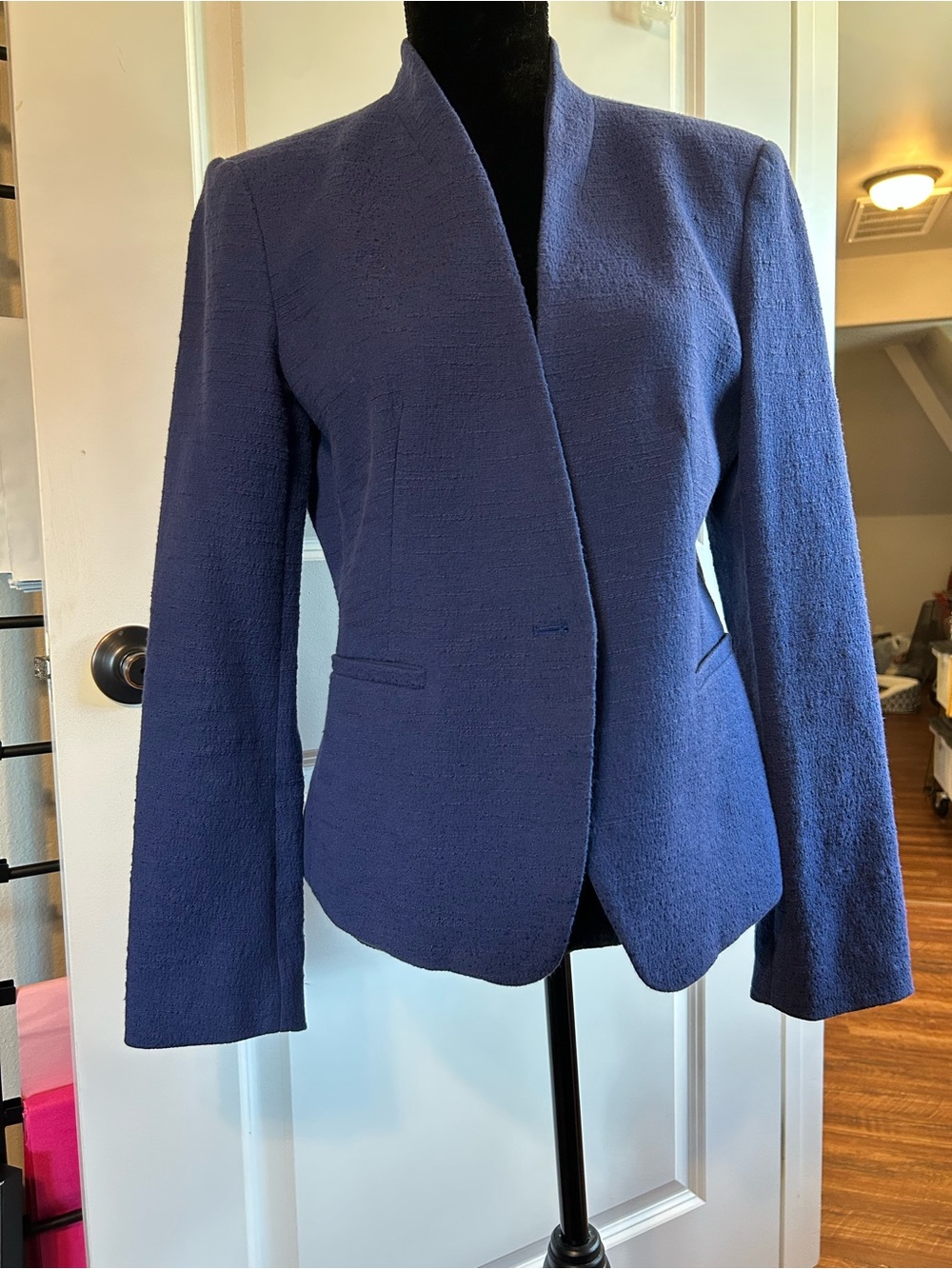 LOFT Navy Textured Collarless Blazer